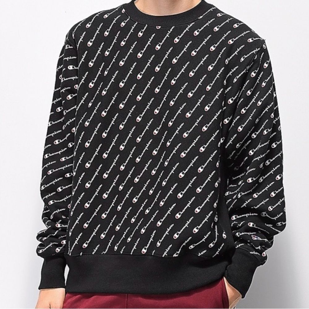 Champion Reverse Weave All Over Logo Print Crewneck Sweatshirt Small